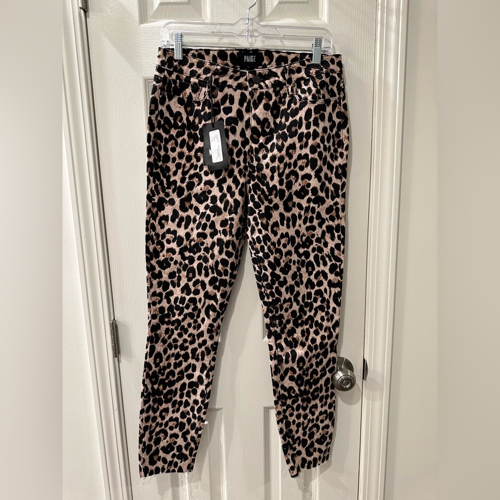 PAIGE Hoxton Ankle Raw Hem Pink Leopard Print Skinny Jeans